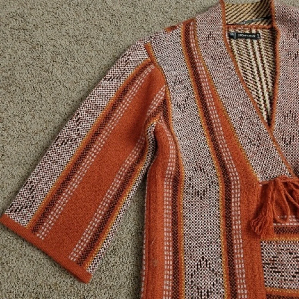STONE ROW Womens Orange Geometric Pattern Kimono‎ Cardigan Tassel Tie Size S